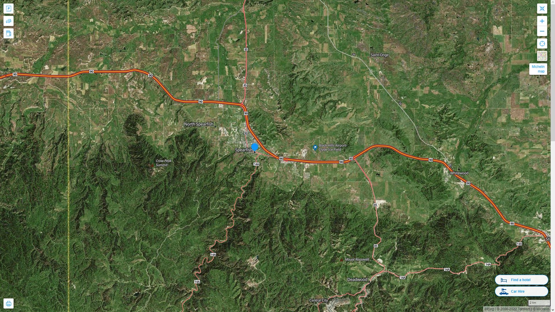 Spearfish South Dakota Highway and Road Map with Satellite View
